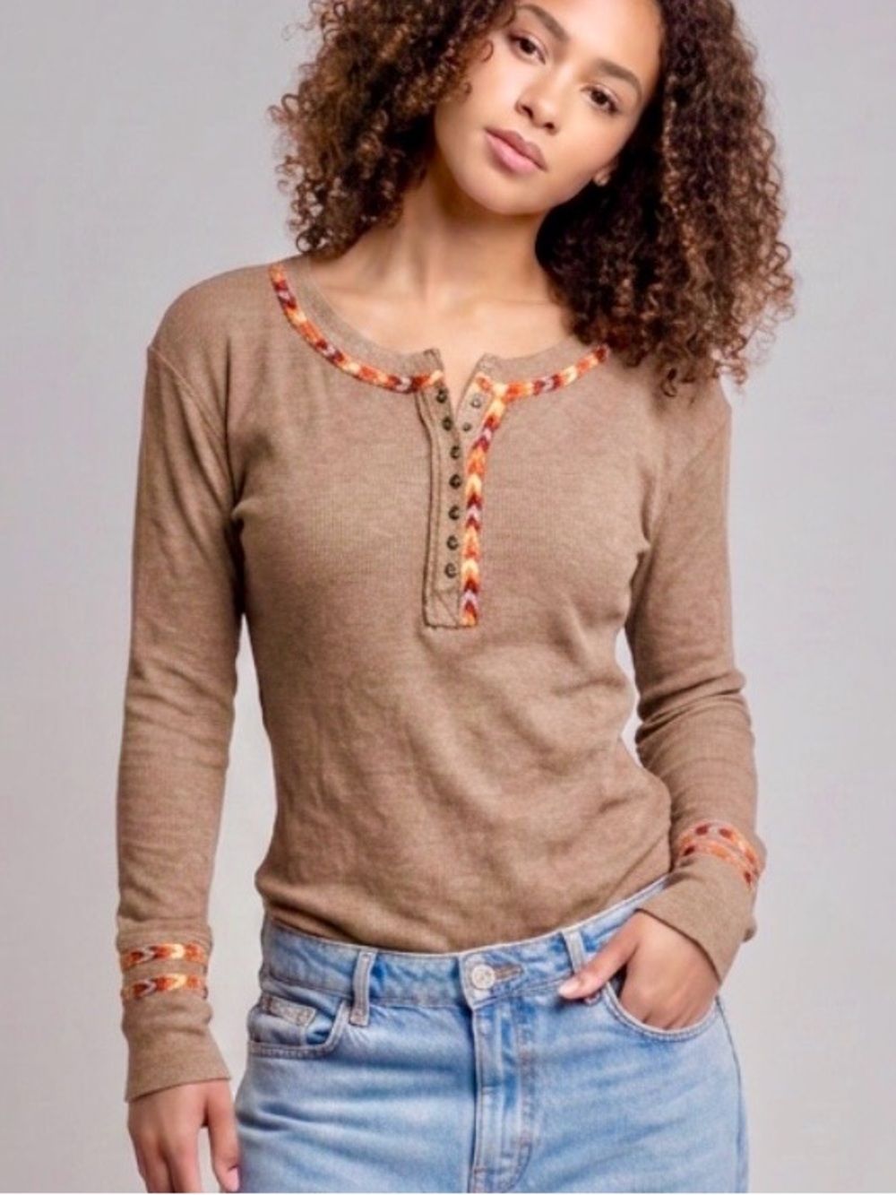 We The Free Tan Long-Sleeve Henley with Embroidered Trim -S